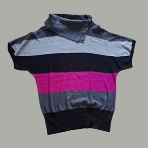 Charter Club Asymmetrical Collar Short-sleeved Sweater Grey Black Frusia Stripes